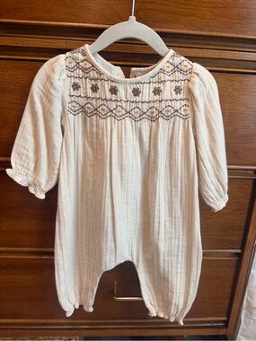 Zara Cream One-Piece Romper with Brown & Yellow Embroidery
